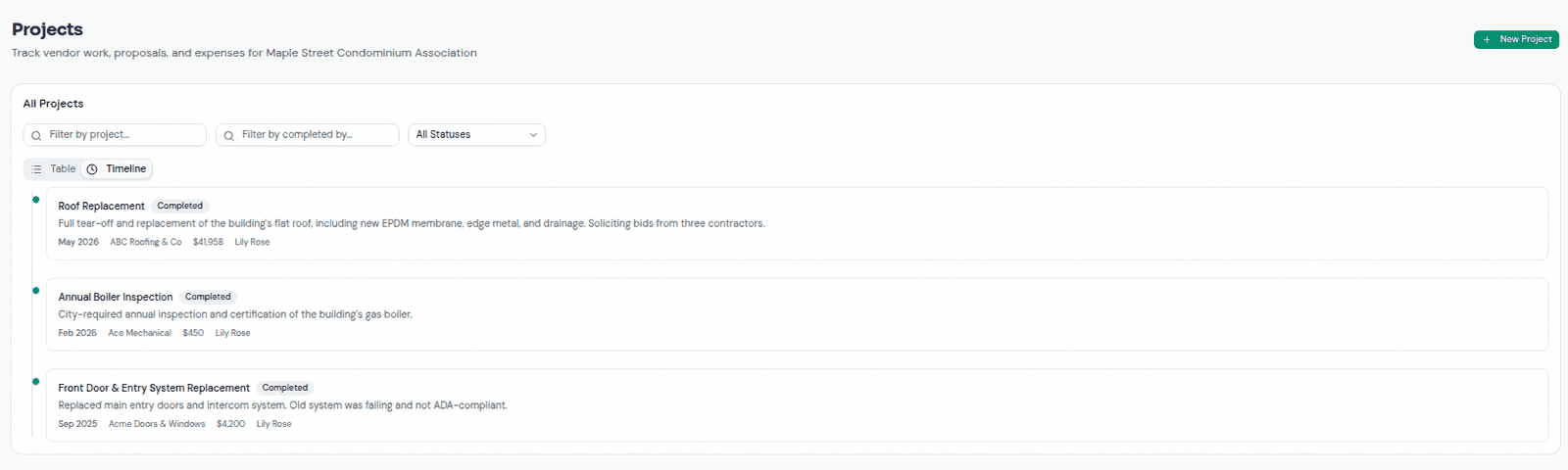Project history timeline in HOA Basecamp
